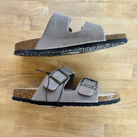 LUCKY BRAND Cork Comfort Slide Suede Sandals Strap Buckle Slip On Gray Sz 9 M US - Picture 4 of 6